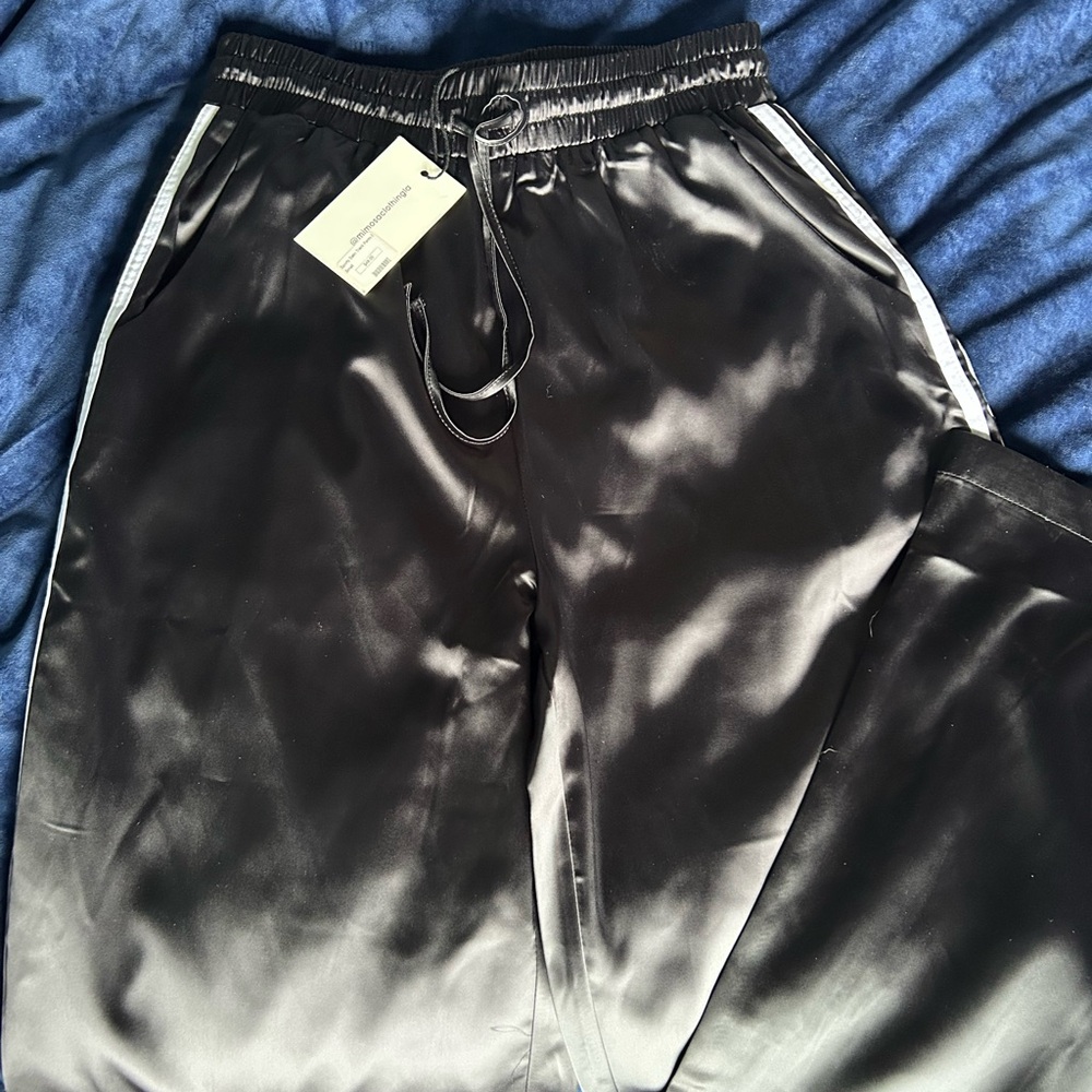 Black Satin Track Pants with Elastic Waistband